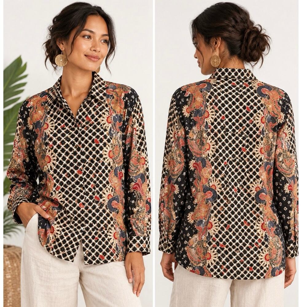 Batik Semar Women's 100% Silk Batik Shirt L Indonesian Floral Boho Black Red Art